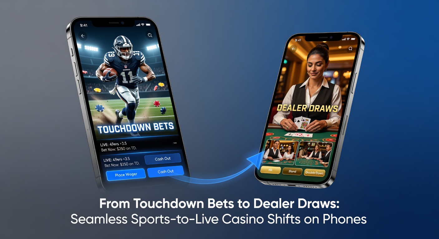 Smartphone-Bildschirm zeigt Sportwette auf American Football und darunter Live-Casino-Tisch mit Dealer