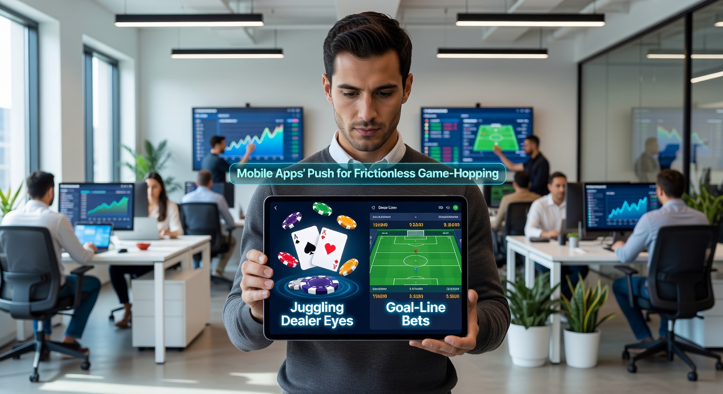 Grafik zeigt Split-Screen auf Smartphone mit Live-Casino-Dealer links und Fußball-Goal-Line-Wette rechts, illustriert frictionless hopping