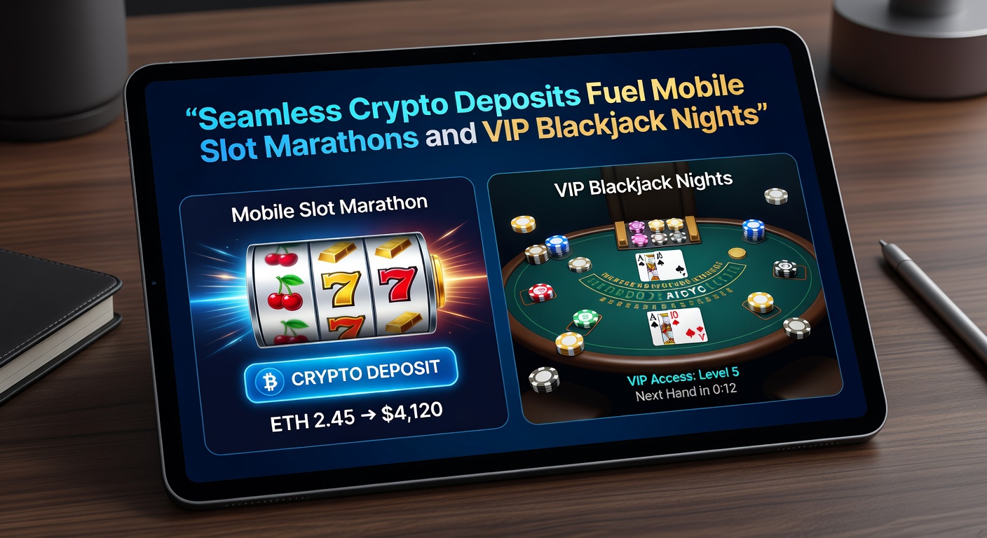 Smartphone mit Krypto-Wallet und laufenden Slot-Symbolen im Hintergrund, das nahtlose Einzahlungen in mobilen Casinos symbolisiert