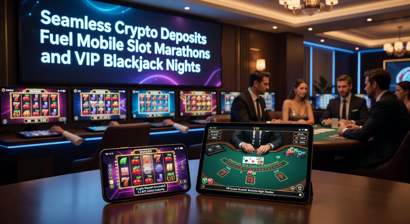 VIP-Blackjack-Tisch auf einem Tablet mit Krypto-Transaktions-Icons und Slot-Rollen im Vordergrund, das Highstakes-Gaming mit Blockchain verbindet